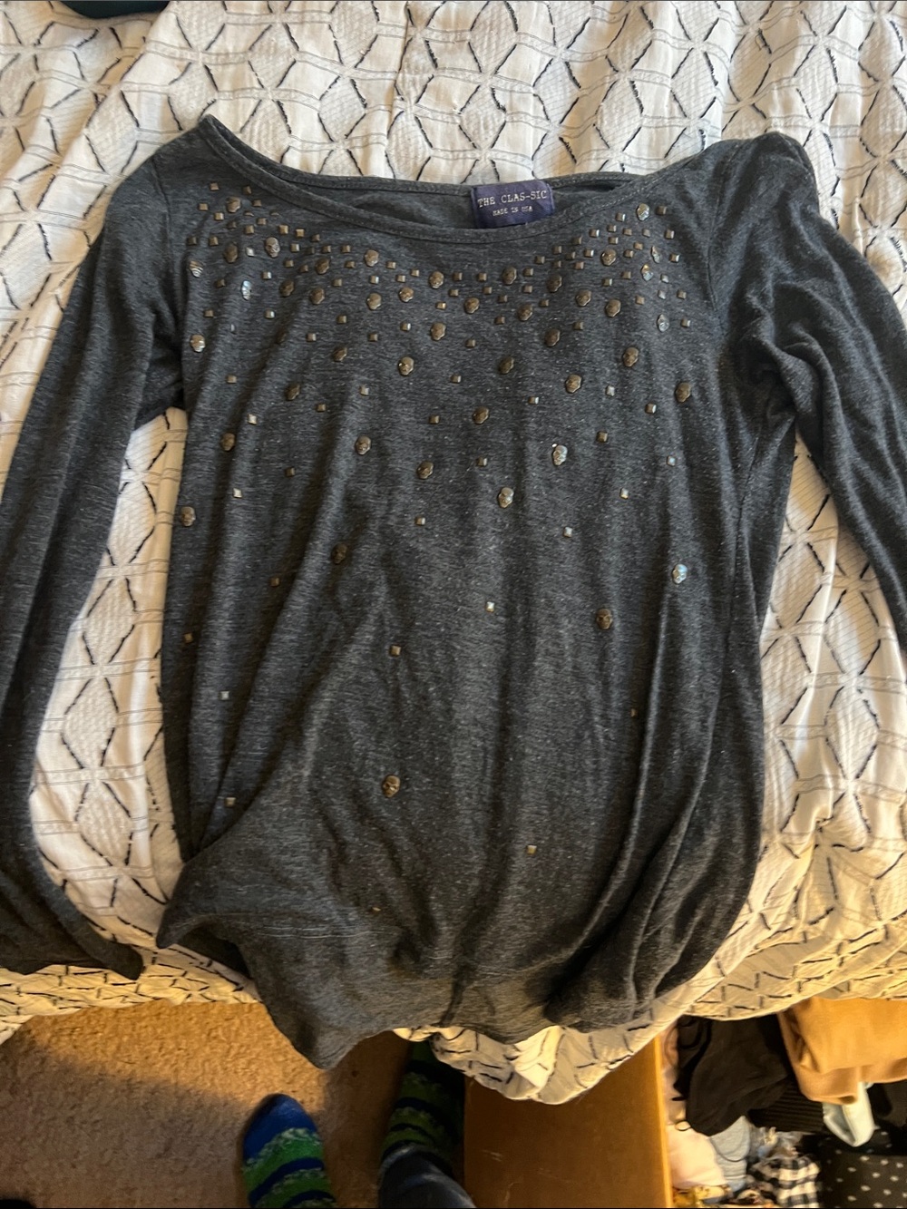 The Classic Dark Charcoal Long-Sleeve Studded Women's Top